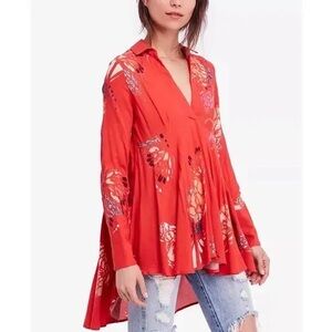 Free People Field of Butterflies Tunic Mini Dress XL V-Neck Pleated High Low Hem